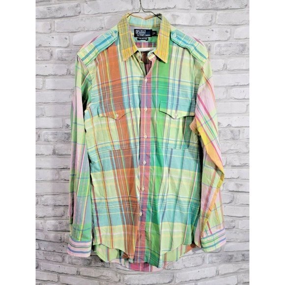 Polo Ralph Lauren M Long Sleeve Button Down Trim Military Pink Plaid Colorful - Picture 1 of 11